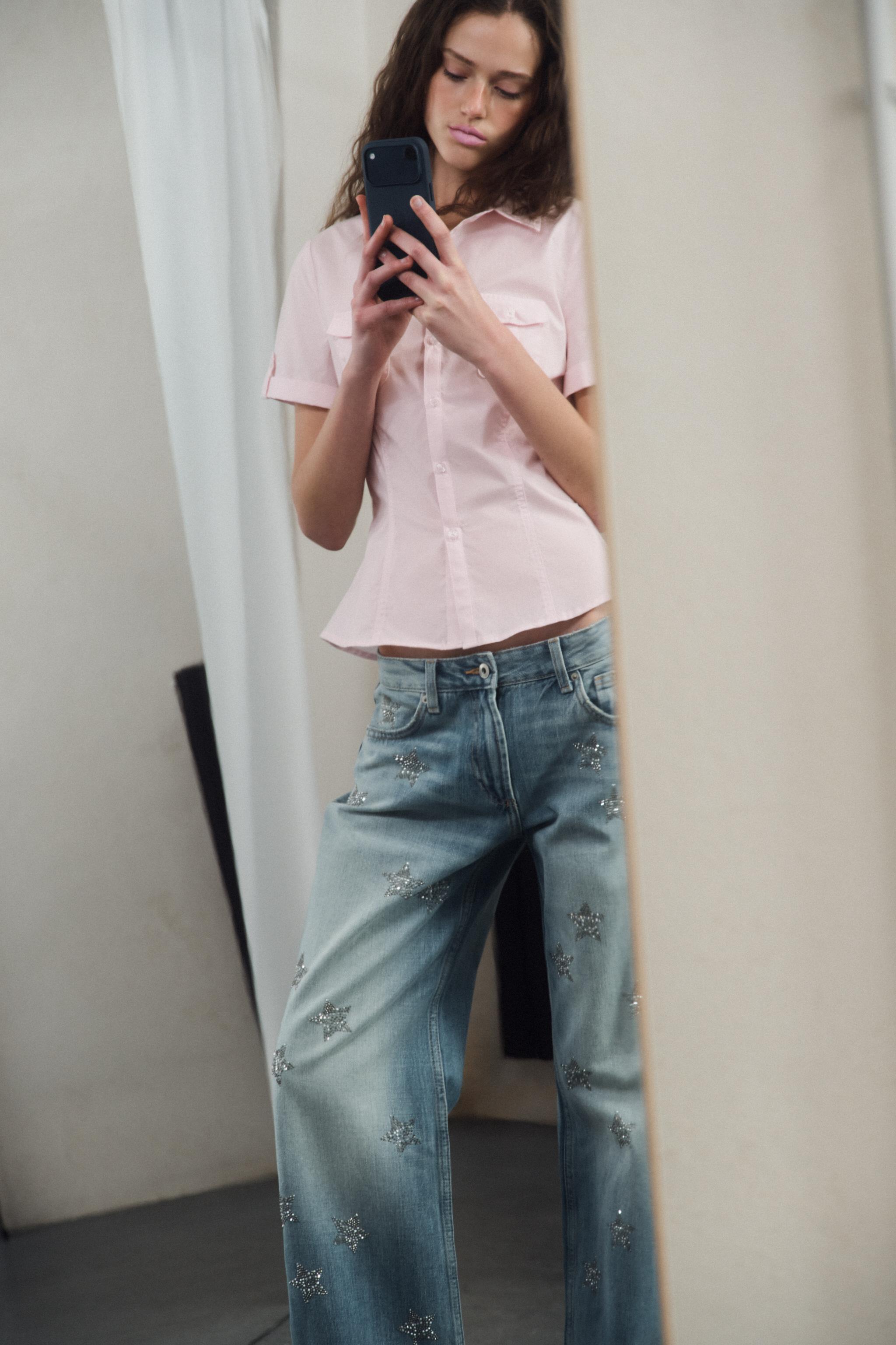 TRF LOW RISE WIDE LEG RHINESTONE JEANS